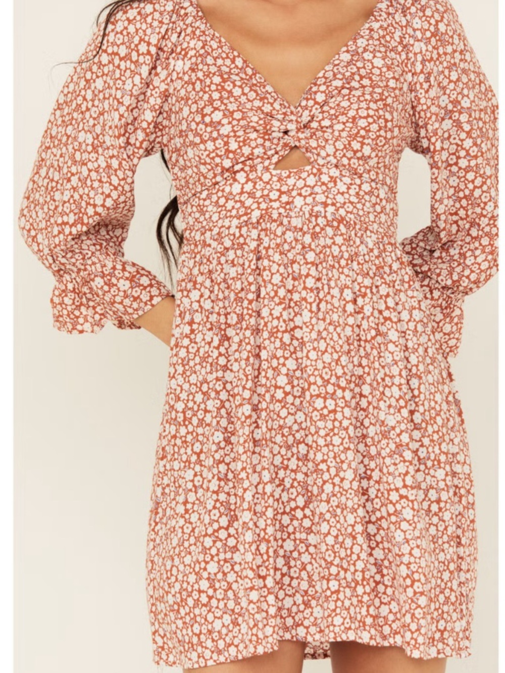 Rust Floral Twist Bust Keyhole Mini Dress